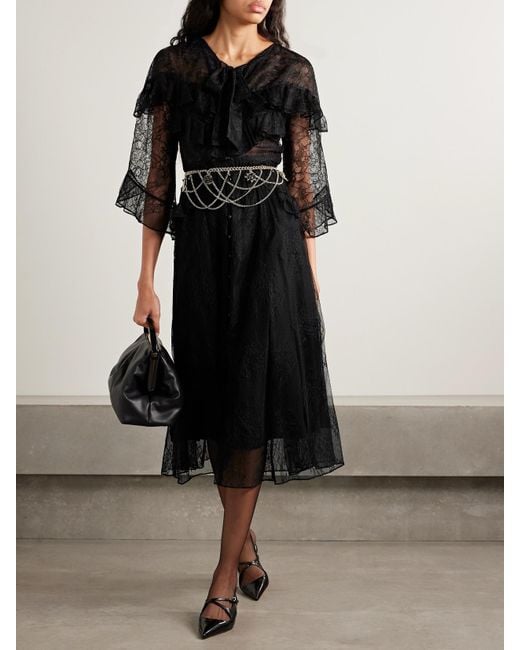 Maison Mayle Black Majorelle Tie-Neck Ruffled Chantilly Lace Maxi Dress