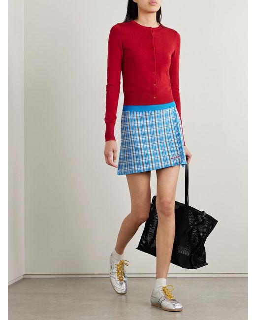 Marni Blue Wrap-Effect Checked Stretch-Knit Mini Skirt