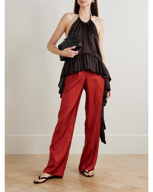 Loulou de Saison Red Alera Silk-Twill Wide-Leg Pants