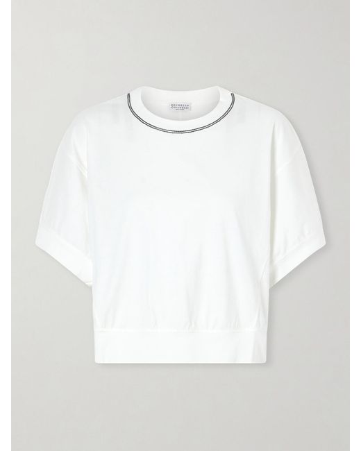 Brunello Cucinelli White Bead-Embellished Cotton-Jersey T-Shirt