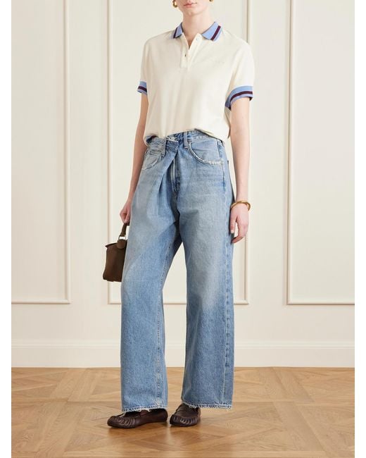 Marni Blue Embroidered Striped Cotton-Piqué Polo Shirt