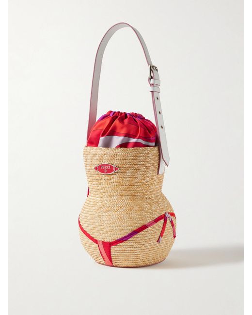 Emilio Pucci Red Nella Leather-Trimmed Raffia And Printed Satin-Twill Tote
