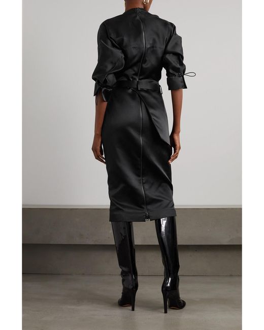 Fendi Black Belted Paneled Silk-Satin Midi Dress