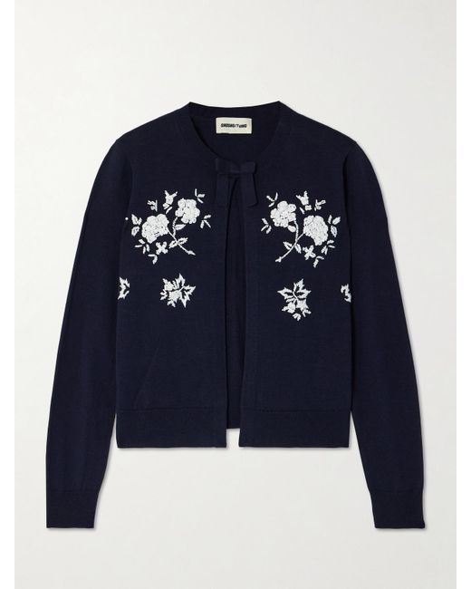 ShuShu/Tong Blue Embroidered Embellished Silk And Cashmere-Blend Cardigan