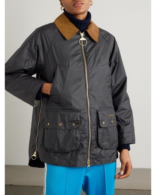 Barbour Gray Raelynn Corduroy-Trimmed Waxed-Cotton Jacket