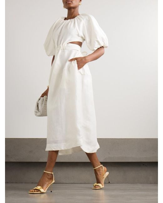 Aje. White Mimosa Midikleid Aus Einer Leinenmischung Mit Cut-Outs Und Raffungen