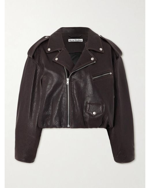 Acne Black Gathered Textured-Leather Biker Jacket