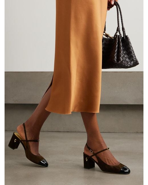 JENNIFER CHAMANDI Natural Mattia Patent Leather-Trimmed Suede Slingback Pumps