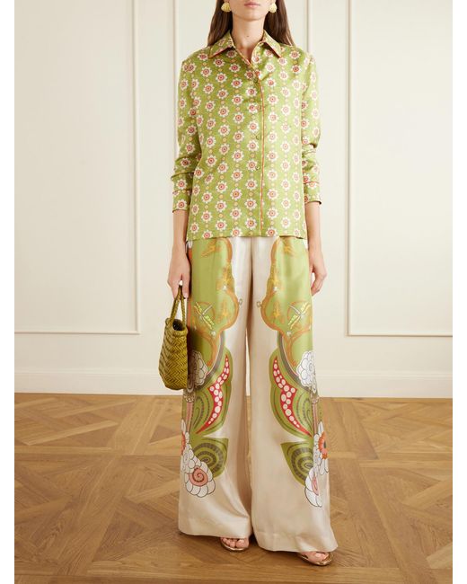 LaDoubleJ White Palazzo Floral-Print Silk-Twill Wide-Leg Pants