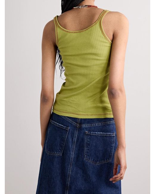Bode Green Dahlia Bead-Embellished Ribbed Cotton-Jersey Tank