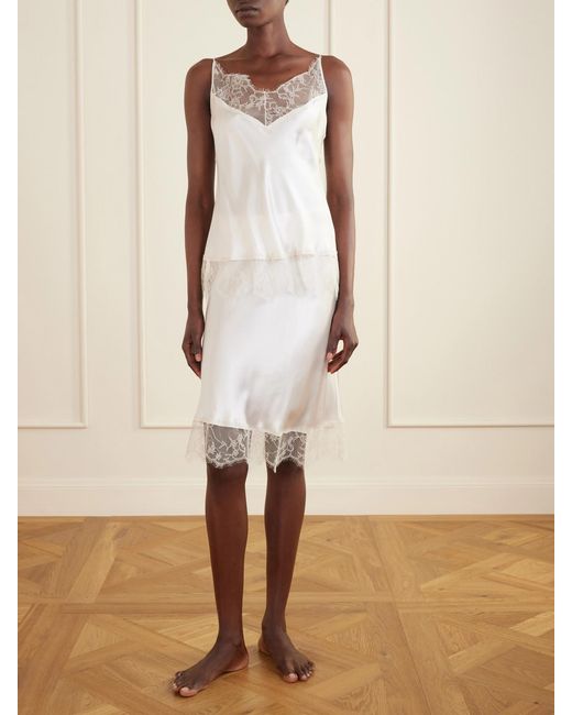 Carine Gilson White Lace-Trimmed Silk-Satin Camisole