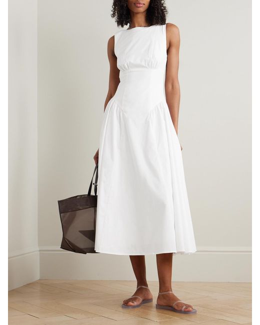 Staud White Gwen Paneled Pleated Cotton-Blend Poplin Midi Dress