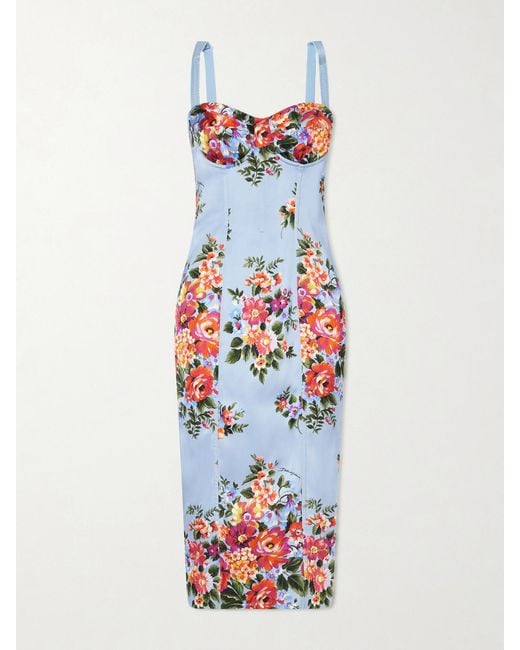 Dolce & Gabbana White Floral-Print Satin Bustier Midi Dress