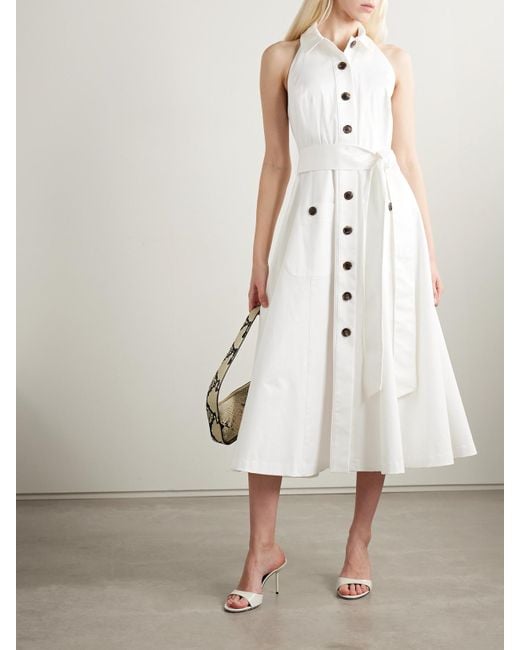 Carolina Herrera White Belted Cotton-Blend Sateen Halterneck Midi Shirt Dress