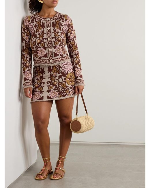 Mini-Jupe En Laine Et Coton Mélangés Jacquard À Franges Lindy Cara Cara en coloris Brown