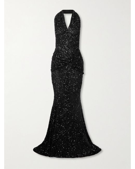 Patou Black Draped Sequined Mesh Halterneck Gown
