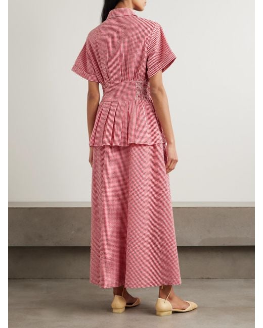 Rosie Assoulin Pink Boogie Woogie Bugle Boy Gingham Cotton-Seersucker Maxi Shirt Dress