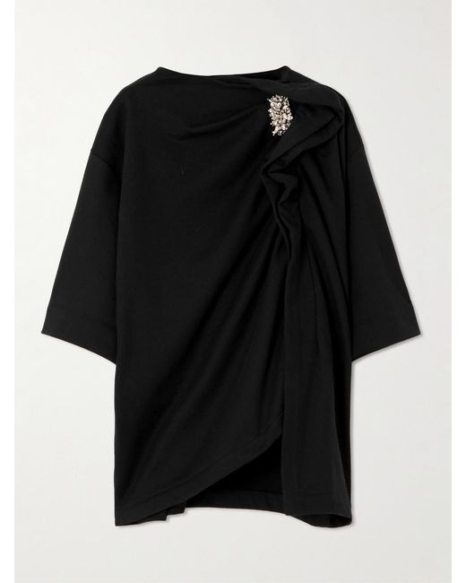 Dries Van Noten Black Embellished Gathered Cotton-Fleece T-Shirt