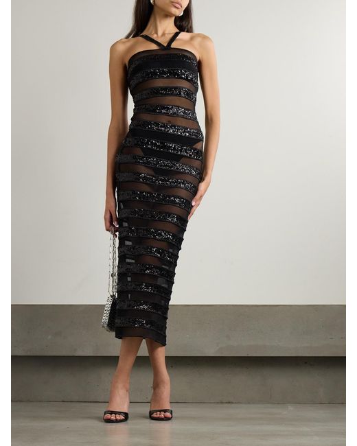 Oseree Black Sequin-Embellished Striped Stretch-Tulle Maxi Dress