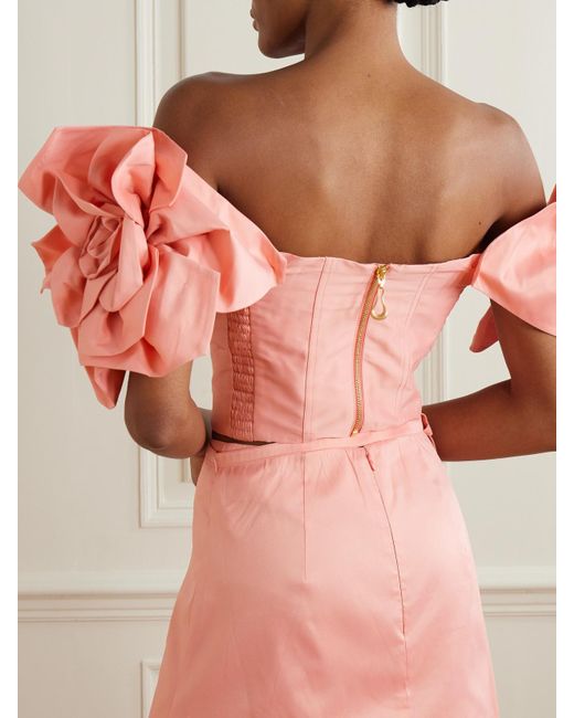 Aje. Pink Etta Appliquéd Off-The-Shoulder Taffeta Cropped Top