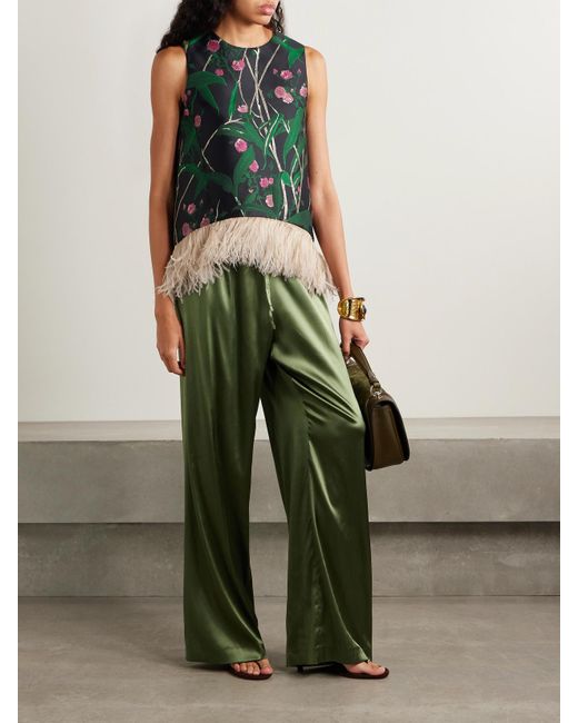 LaDoubleJ Green Icon La Scala Feather-Trimmed Floral-Jacquard Top