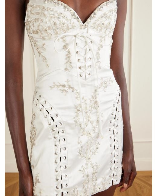 Clio Peppiatt White Bridal Brigette Embellished Lace-Up Satin Mini Dress