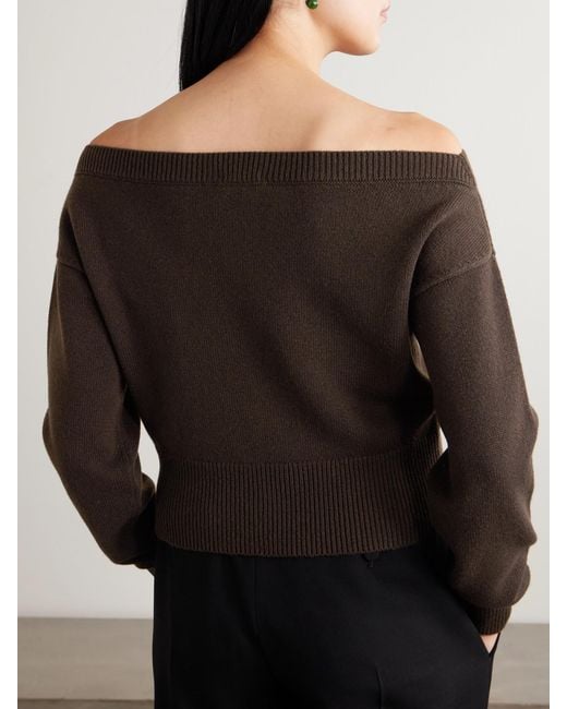 Tom Ford Brown Off-The-Shoulder Cropped Embroidered Cashmere Cardigan