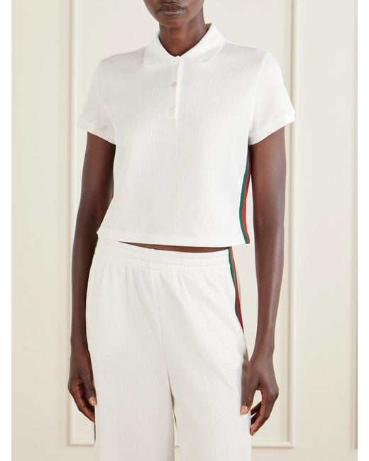 Gucci White Web-Trimmed Ribbed-Jersey Polo Shirt