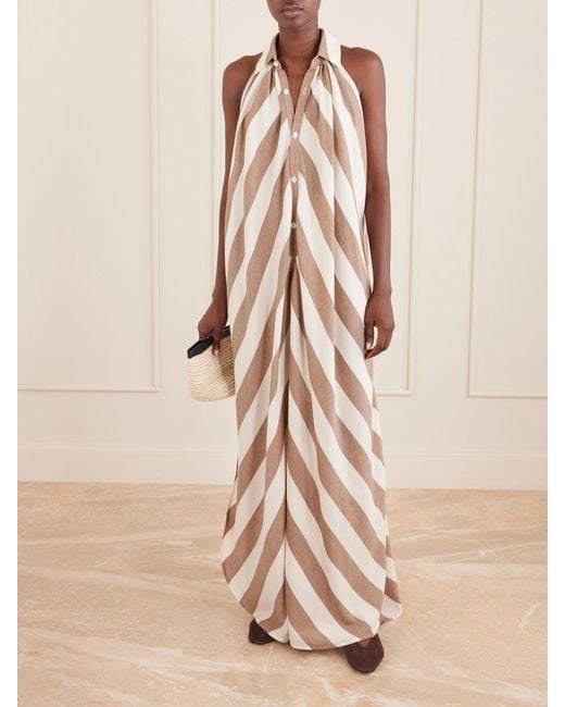 Marrakshi Life Natural Striped Cotton-Poplin Halterneck Maxi Dress