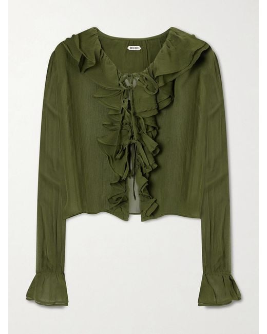 Bode Green Flounce Ruffled Silk-Crepon Blouse