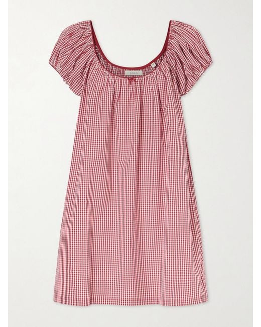 Doen Pink Julia Gathered Checked Organic Cotton Midi Dress