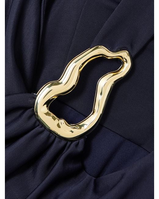 Rebecca Vallance Blue Ayesha Draped Embellished Stretch Satin-Jersey Halterneck Gown