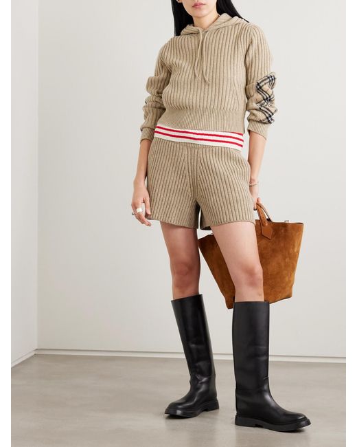 Burberry Natural Checked Bouclé-Trimmed Ribbed Wool And Cashmere-Blend Hoodie