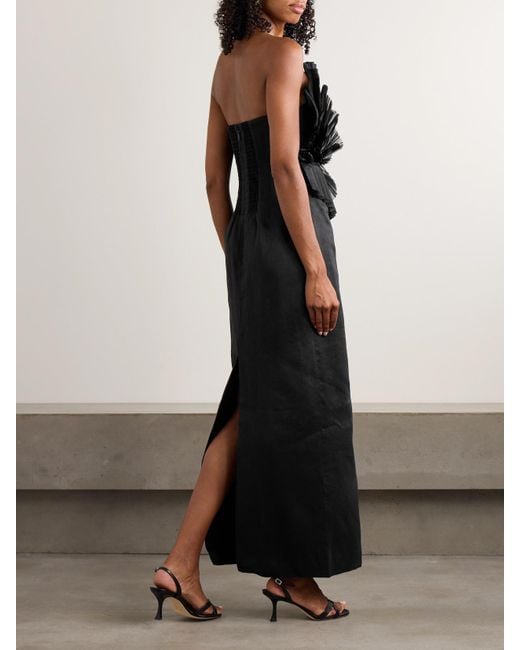 Robe Longue Bustier En Lin Mélangé Et En Coton Plissé À Volants Kira Aje. en coloris Black