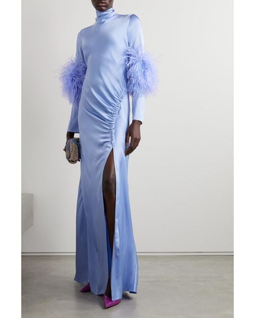 LAPOINTE Blue Feather-Trimmed Ruched Satin Gown