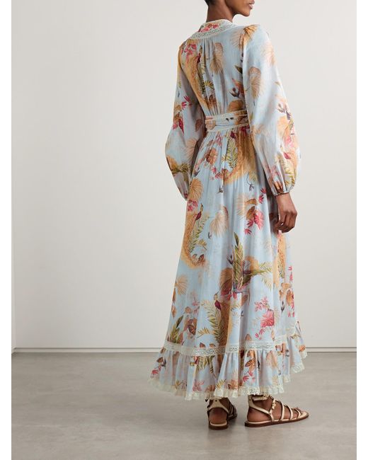 Zimmermann White Ascension Lace-Trimmed Tiered Printed Cotton-Voile Midi Wrap Dress