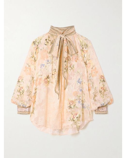 Camilla Natural Crystal-Embellished Pussy-Bow Floral-Print Silk-Blend Jacquard Blouse