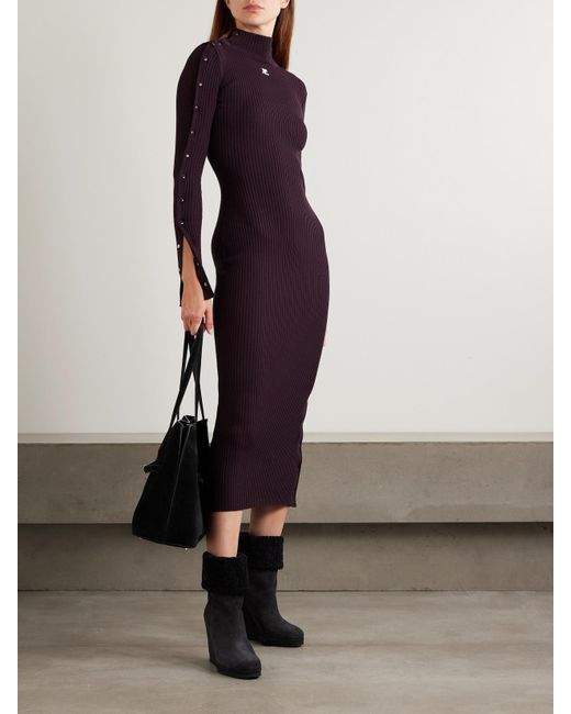 Courreges Purple Embroidered Ribbed-Knit Turtleneck Midi Dress
