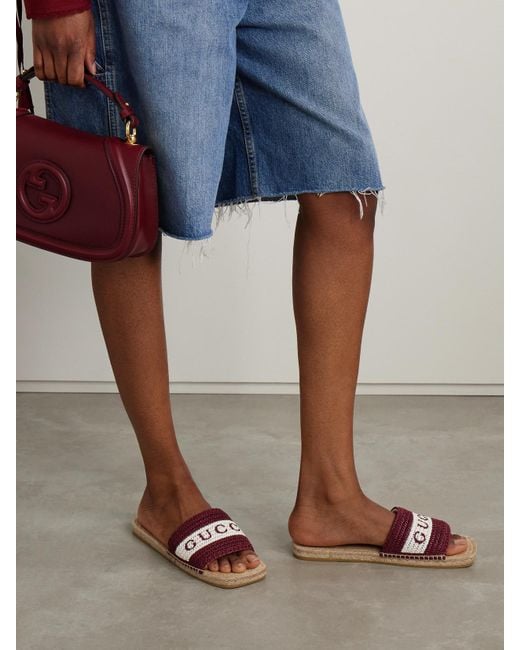Gucci Brown Numa Embroidered Striped Raffia Slides