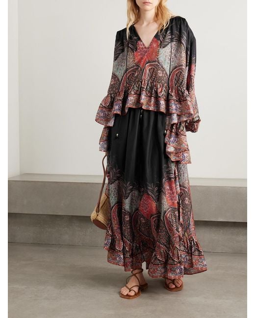 Zimmermann Black Rhiannon Ruffled Paisley-Print Organic Silk Maxi Skirt