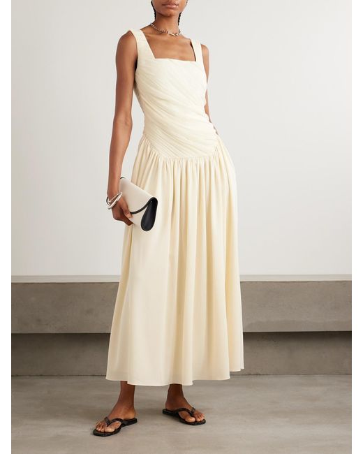 Abadia Natural Kaia Ruched Gathered Chiffon And Twill Midi Dress