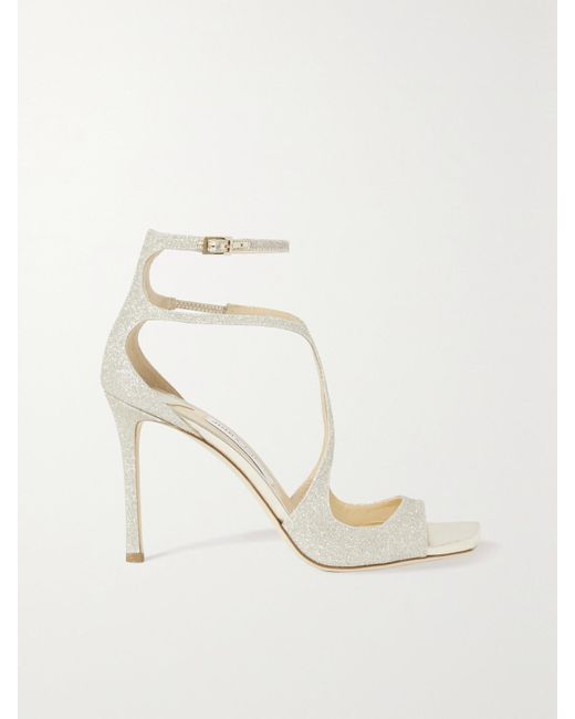 Jimmy Choo White Azia 95 Glittered Satin Sandals