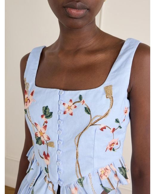 Agua Bendita Blue Eslabón Navegante Floral-Embroidered Linen Cropped Top