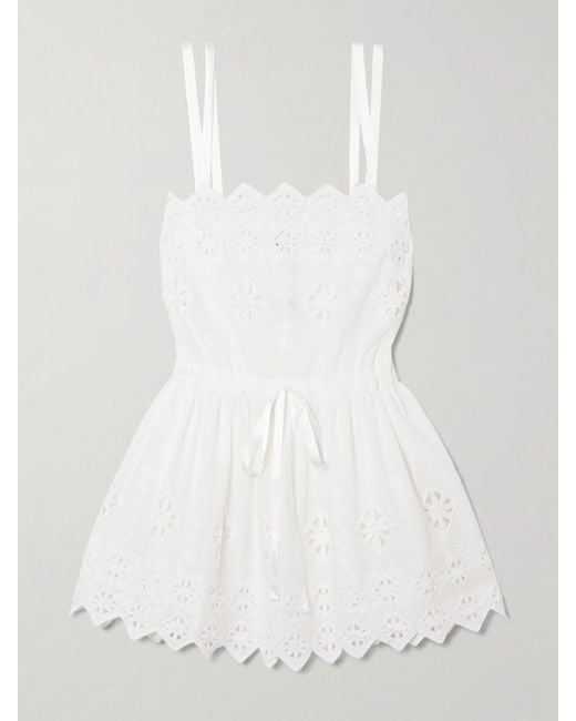 Miguelina White Brielle Rhombus Embroidered Scalloped Poplin Mini Dress