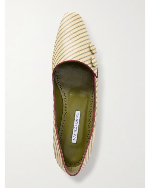 Manolo Blahnik Natural Fontenai Grosgrain-Trimmed Striped Satin Flats