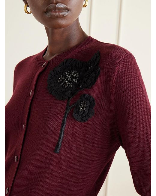 Erdem Red Embellished Ribbed Merino Wool Cardigan
