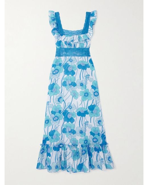 Loretta Caponi Blue Margherita Maxikleid Aus Seiden-Voile Mit Blumensprint Und Spitzenbesätzen
