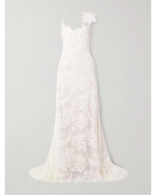 Danielle Frankel White Edie Appliquéd Silk Chiffon-Trimmed Cotton-Blend Corded Lace Gown