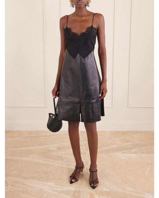 Sharon Wauchob Black Tulipa Gathered Lace-Trimmed Jersey And Leather Midi Dress