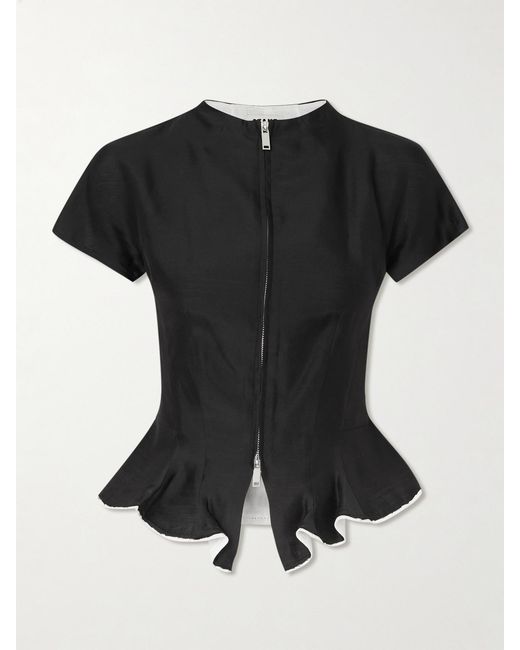 Staud Black Maelle Layered Frayed Linen-Trimmed Wool-Blend Peplum Blouse